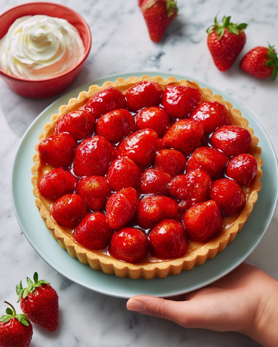 A round strawberry tart with a golden crust sits on a light blue plate. The tart is filled with whole bright red strawberries coated in a shiny glaze, neatly piled up in one thick, glossy layer. On the left side, a small red bowl filled with whipped cream is visible. The background is a white marbled surface with scattered fresh strawberries. A woman's hand is gently holding the plate from the side. Photo taken with an iphone --ar 4:5 --v 7