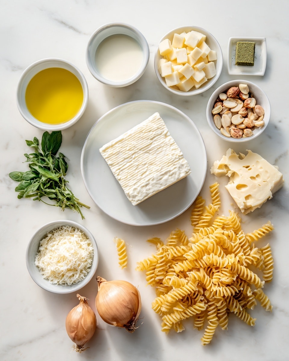 The image shows several cooking ingredients placed neatly on a white marbled surface. At the center, there is a white plate with a solid block of white cheese. Around it, there are small white bowls containing light yellow oil, creamy white liquid, cubed pale yellow cheese, and small round beige nuts. Next, uncooked yellow spiral pasta is placed in a loose pile on the right side. On the left, two small shallots, some green leafy herbs, a chunk of firm light yellow cheese, and a small green cube of seasoning are arranged. Photo taken with an iphone --ar 4:5 --v 7