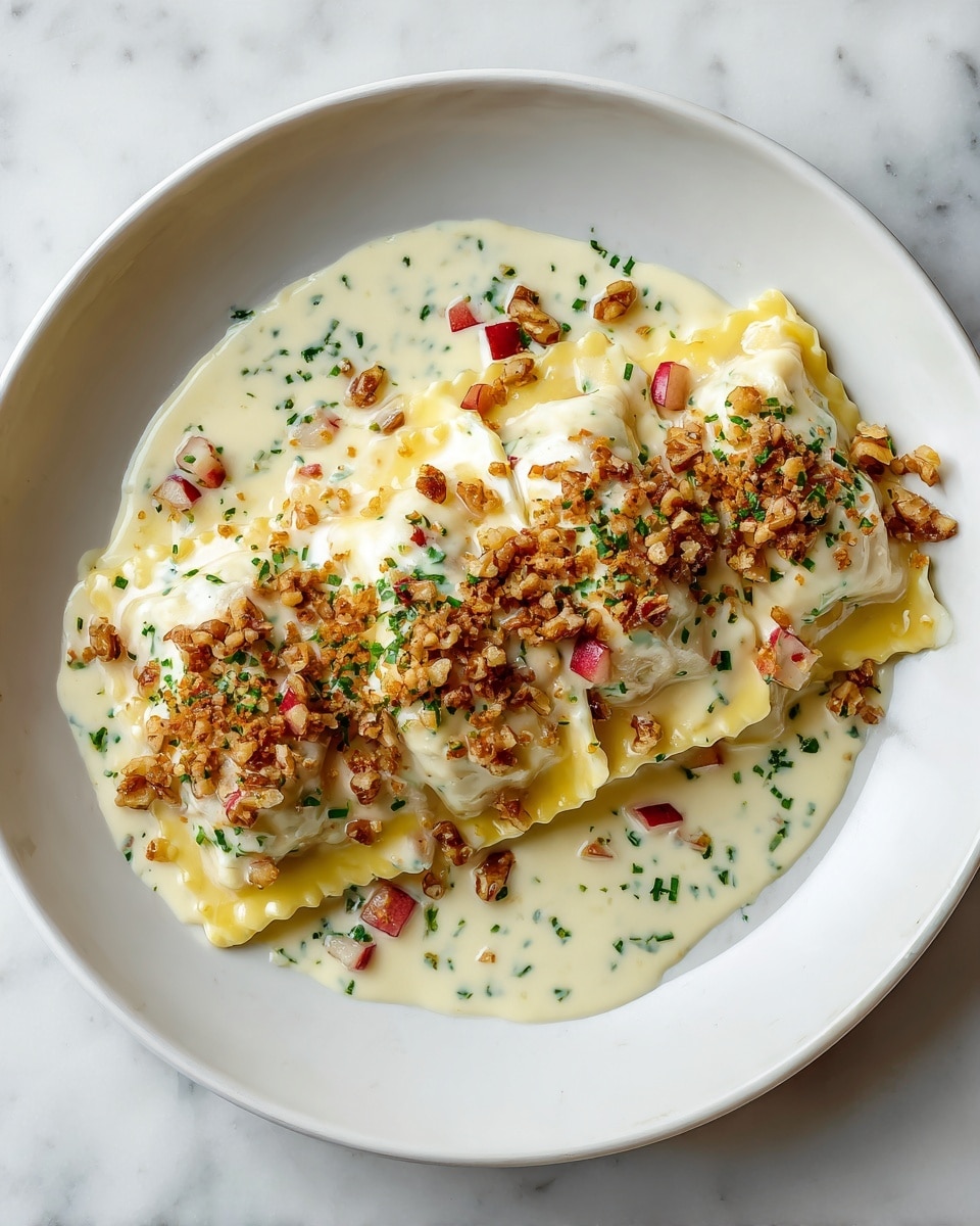 A white plate holds a dish with three main layers: the bottom layer is soft, light yellow ravioli covered in a smooth, creamy white sauce with small green herb flecks spread evenly over the pasta. The middle layer features small pieces of red apple with their skin on, adding bits of shiny red and white color scattered on top. The top layer is a sprinkling of chopped walnuts, tan and light brown with a rough texture. The food rests on a white marbled surface. photo taken with an iphone --ar 4:5 --v 7