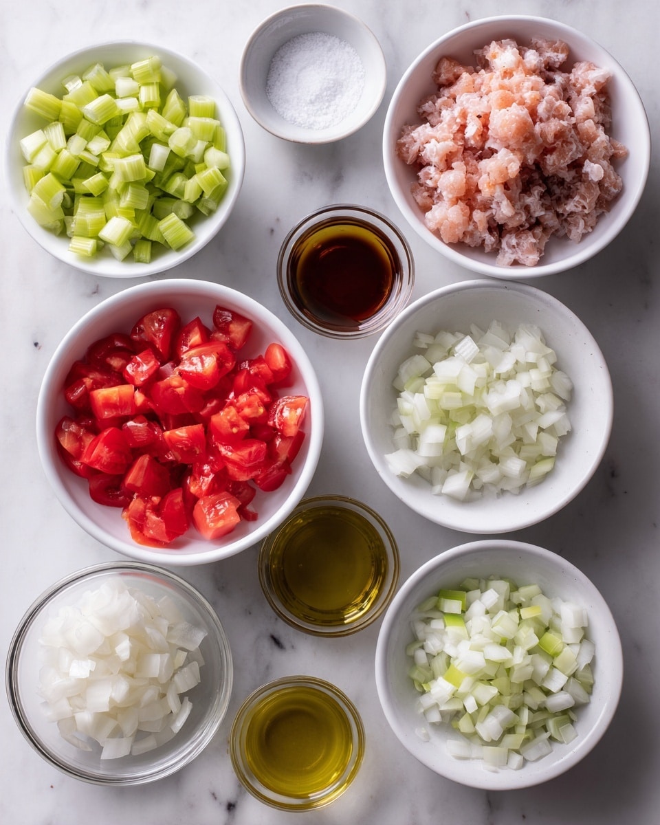The image shows an overhead view of several small white bowls and glass containers arranged on a white marbled surface. One white bowl is filled with finely chopped light pink pieces, likely meat or seafood, placed near the top right. A white bowl at the bottom left contains bright red chopped tomatoes. Another white bowl contains diced light green celery, positioned on the left side. A white bowl with finely chopped white onions is placed near the bottom center. There are also a few small clear glass containers holding golden-yellow oil and a light brown liquid, with a small, white round container of salt near the top center. The colors are fresh and vibrant, giving a sense of prepared ingredients ready for cooking. The photo taken with an iphone --ar 4:5 --v 7