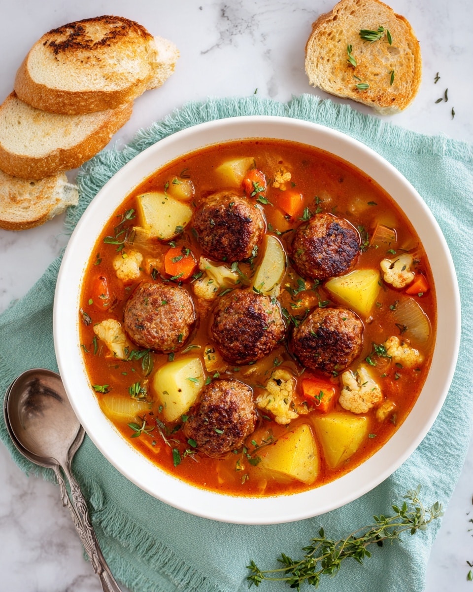 A white bowl filled with a rich tomato-based soup with six round, browned meatballs resting on top. The soup has visible chunks of orange carrots, white cauliflower florets, and yellow potatoes, all mixed evenly in the broth. Green herbs, such as parsley and thyme, are scattered over the meatballs and vegetables, adding fresh green color. The bowl is placed on a pale blue cloth on a white marbled surface. To the right, there are two slices of golden toasted bread, and a silver spoon rests on the left side near a green herb sprig. Photo taken with an iphone --ar 4:5 --v 7