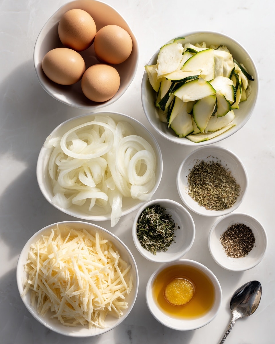 The image shows six white bowls arranged on a white marbled surface. The top left bowl contains six brown eggs, the top right bowl is filled with thinly sliced pale green zucchini arranged in layers, and the middle bowl holds thinly sliced white onions in loose rings. Below the eggs is a bowl full of shredded pale yellow cheese. To the right, there is a smaller bowl with sections of dried green herbs and black pepper. At the bottom center of the image are a small round heap of bright yellow mustard and a spoon with glossy amber honey. The scene is bright and clean, with soft natural lighting highlighting the colors and textures. Photo taken with an iphone --ar 4:5 --v 7