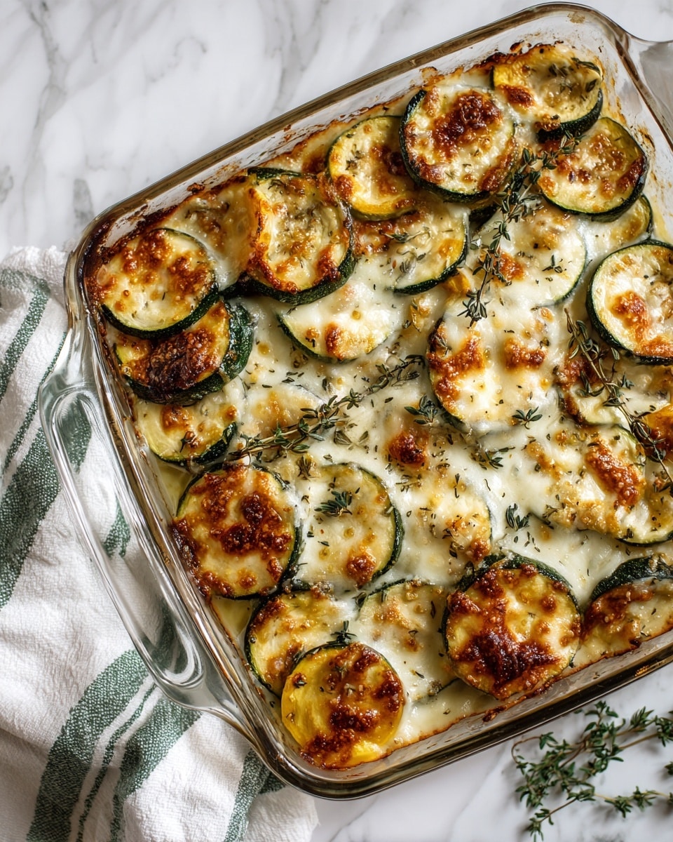 A clear glass baking dish filled with a baked zucchini and yellow squash casserole. The dish has three visible layers: a bottom layer of sliced zucchini and yellow squash with a mix of dark green and yellow edges, a middle layer of melted and bubbly cheese that is creamy white with golden brown spots, and a top layer of more browned, melted cheese with crispy edges. The casserole looks hot and greasy from cooking. The baking dish rests on a white marbled surface with a white and green striped cloth underneath. Photo taken with an iphone --ar 4:5 --v 7