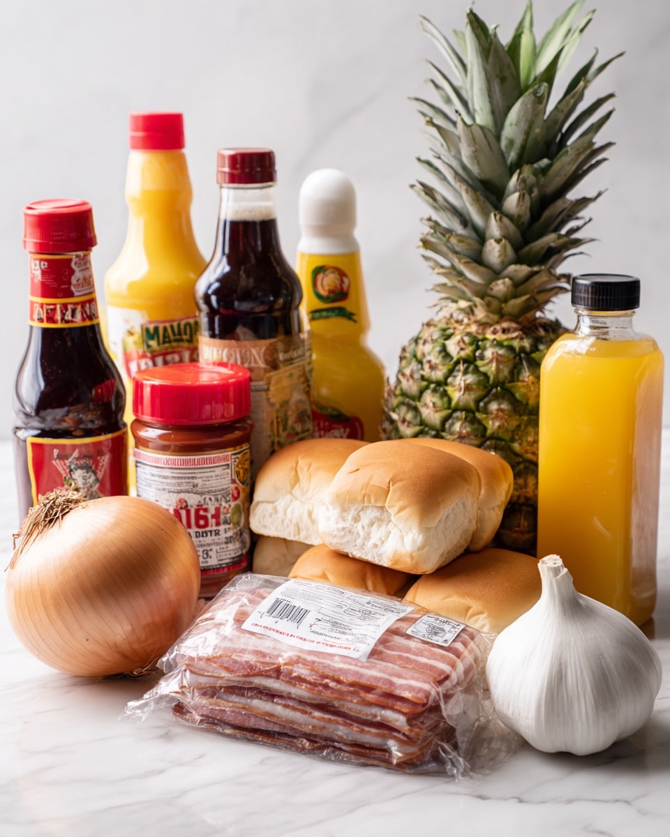 The image shows a white marbled surface with various cooking ingredients arranged on it. In the front row, there is a round light brown onion on the left and a white bulb of garlic on the right. Next to them, a clear plastic package of bacon strips lies horizontally with a pack of reduced-calorie white hamburger buns nearby on the left side. Behind these, there is a vertical red bottle of tomato ketchup in the middle with a small red container of ground ginger to its left and a yellow mustard bottle to its right. Further back, there are bottles of dark soy sauce on the far left, apple juice to the left center, a whole green pineapple with a spiky top in the center, a clear bottle of orange juice to the right center, and a dark amber bottle of maple syrup on the far right. The setup is brightly lit against a plain white background. Photo taken with an iphone --ar 4:5 --v 7