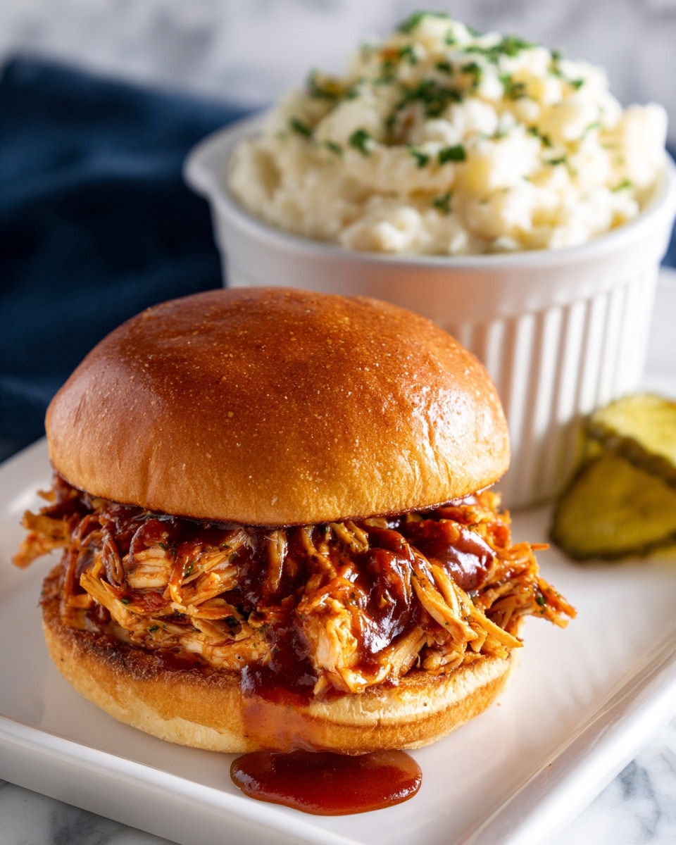 A close-up of a pulled chicken sandwich on a shiny golden-brown bun with thick strands of pulled chicken layered inside and coated in a glossy reddish-brown barbecue sauce that drips slightly onto the white tray below. In the background, there is a white ramekin filled with creamy mashed potatoes topped with green herbs. The tray is placed on a white marbled surface with a dark blue cloth partially visible in the upper right corner. A few pickle slices rest on the corner of the tray, adding a light green color contrast. Photo taken with an iphone --ar 4:5 --v 7