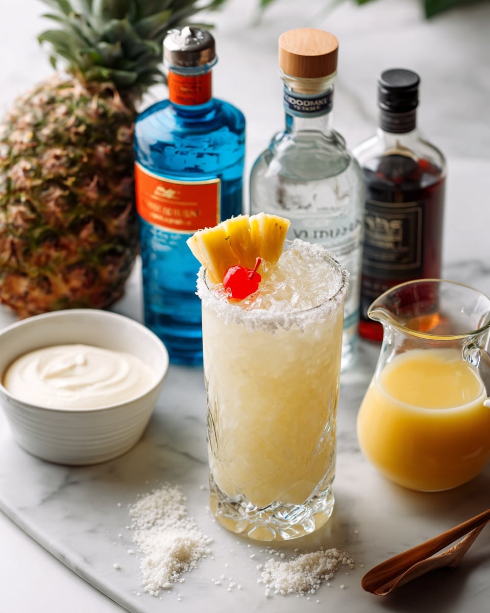 The image shows a clear glass filled with ice and decorated with a rim of white salt or sugar. On top of the glass sits a skewer with a bright yellow pineapple wedge and a red cherry. Around the glass, there are scattered white granules on the white marbled surface. Behind the glass are three bottles: one blue with orange details, a clear one labeled vodka with a light wood cap, and a clear bottle with dark liquid and a black label. To the right, there is a small clear pitcher filled with bright yellow juice. Two white bowls are positioned to the left, one with a thick white cream and the other with a light beige liquid. A fresh pineapple with green leaves is placed near the bottles, all set on a white marbled surface. photo taken with an iphone --ar 4:5 --v 7