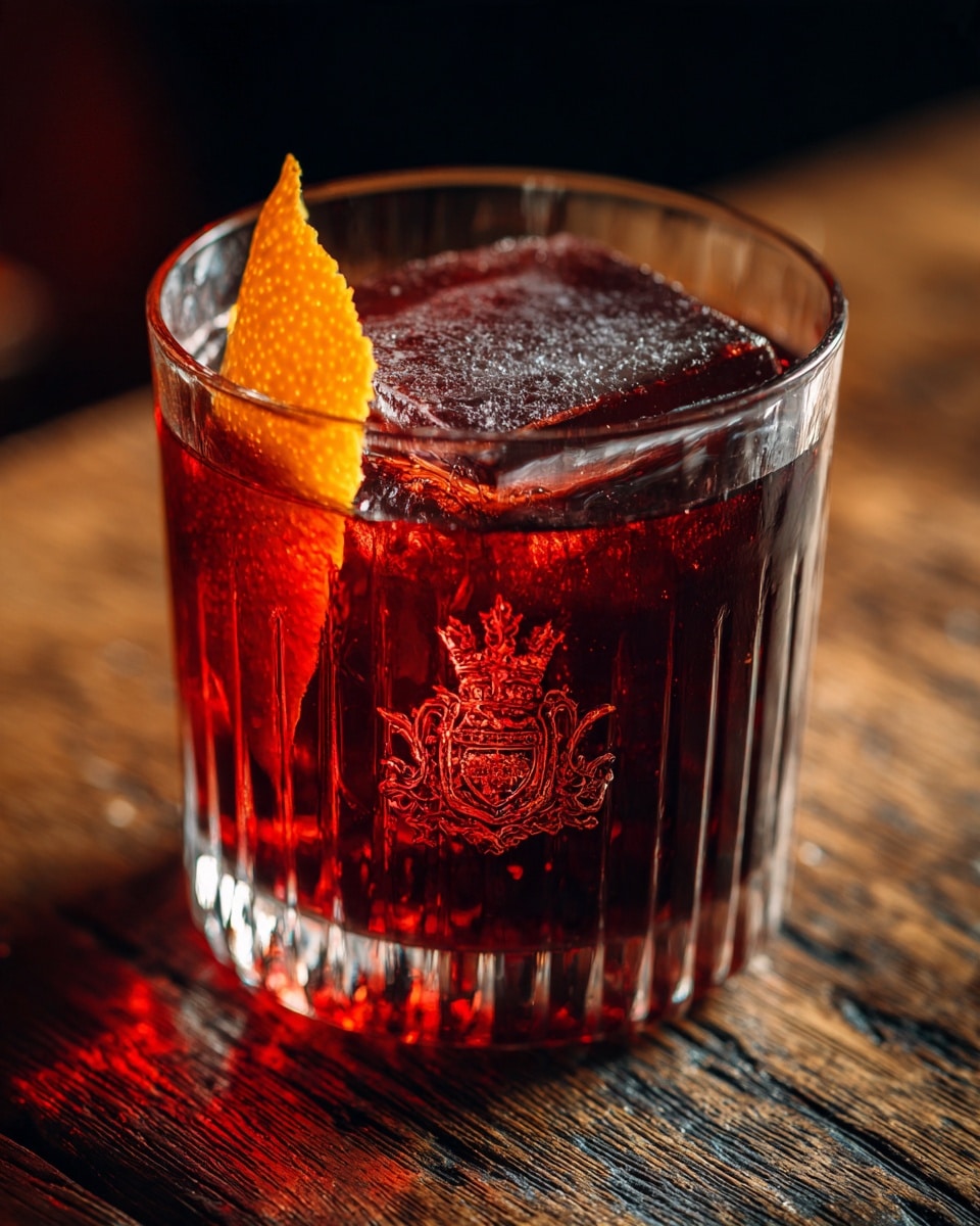 A clear glass with vertical ridges is filled with dark red liquid almost to the top, with a large ice cube inside that has a detailed emblem engraved on its top surface. A thin orange peel curls and rests on the inner side of the glass, adding a bright contrast to the rich red drink. The glass sits on a wooden surface with visible grain texture, and the background is dark and blurred, highlighting the drink. photo taken with an iphone --ar 4:5 --v 7