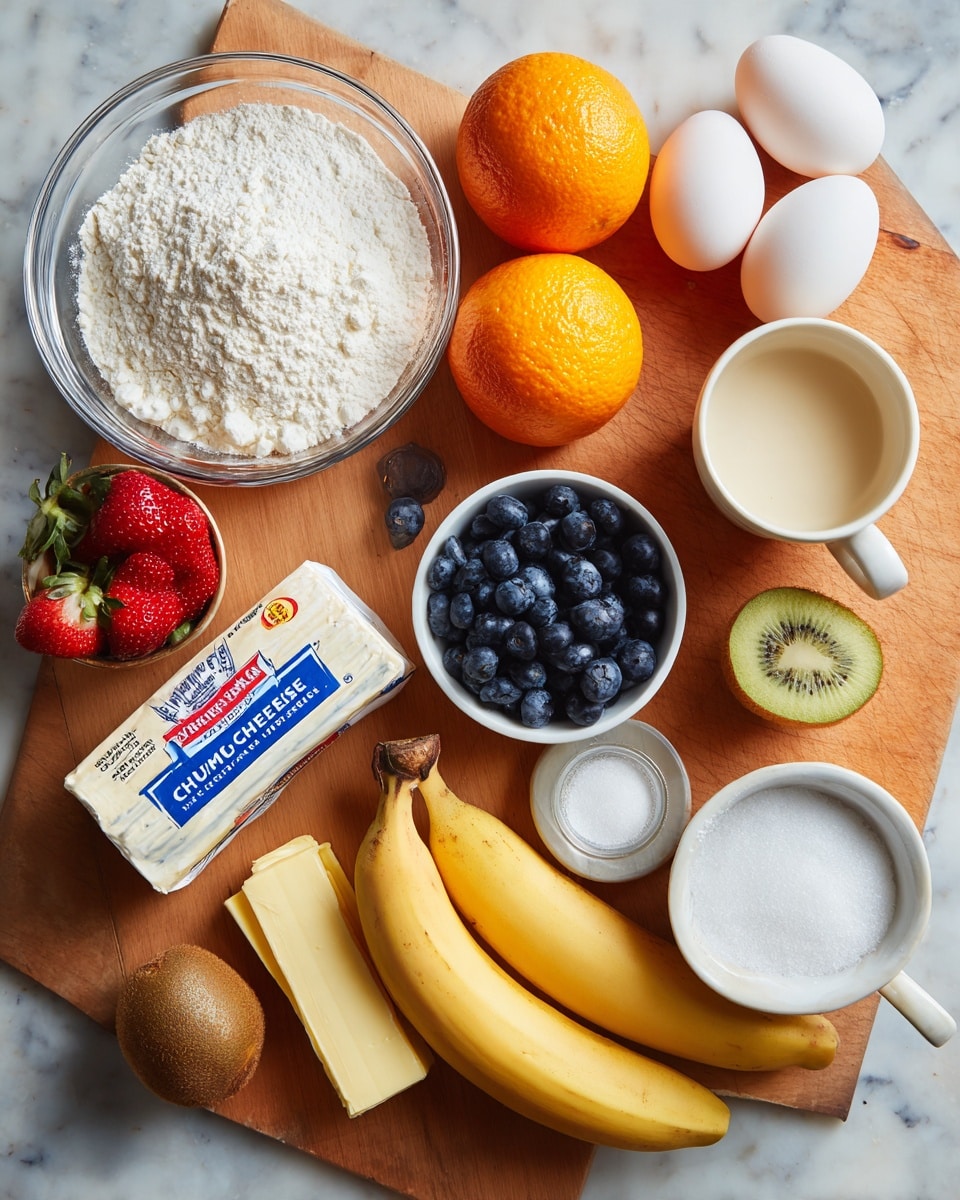 A wooden surface holds various baking ingredients arranged neatly: in the lower left, a clear glass bowl filled with white flour shows a soft, powdery texture; next to it, two white eggs sit close by, near a rectangular package of Philadelphia Original cream cheese in white and blue wrapping. There are two bright orange tangerines in the center, a small white bowl full of plump, dark blue blueberries just above them, and scattered red strawberries with green tops near the bottom and top edges. A fuzzy brown kiwi and a yellow banana with speckles lie nearby, while a white cup filled with fine white sugar stands on the right. Next to it, another white cup contains a small amount of amber vanilla, and a stick of unsalted butter wrapped in yellow paper rests beside the sugar. The whole scene is on a white marbled surface. photo taken with an iphone --ar 4:5 --v 7