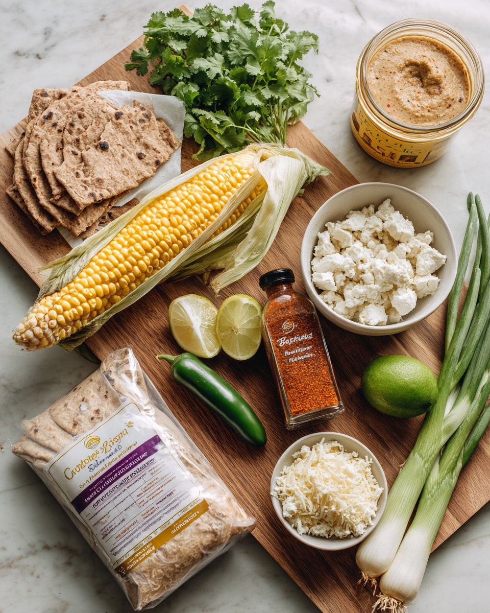The image shows a wooden surface with various ingredients neatly arranged. At the center, there is an ear of yellow corn with white kernels, placed next to a bunch of fresh green cilantro and two green spring onions lying parallel to each other. A lime and a green jalapeño pepper sit close by. To the right, there is a small glass bottle labeled