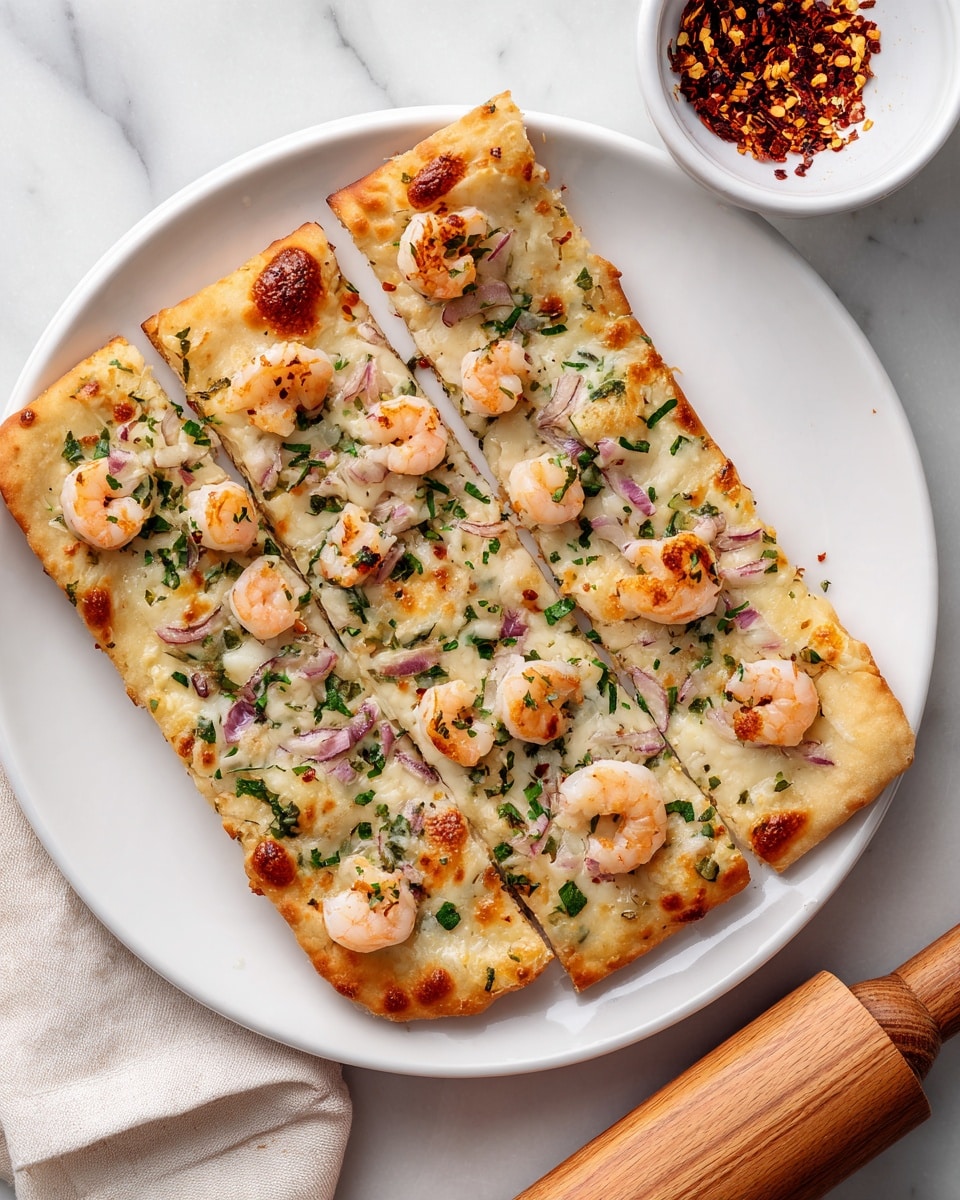A white plate holds four long, thin rectangular slices of flatbread pizza arranged side by side on a white marbled surface. The flatbread has a light golden crust with bubbly edges. Each slice is topped with small shrimp scattered evenly, melted creamy white cheese, thinly sliced onions, and bits of green herbs sprinkled throughout. To the top right of the plate is a small white bowl filled with red chili flakes. A woman's hand reaches from the right side near a wooden rolling pin resting on the surface. photo taken with an iphone --ar 4:5 --v 7