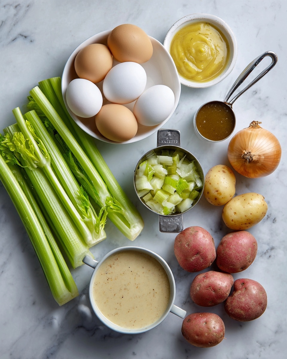 The image shows raw ingredients arranged on a surface with a white marbled texture. There are four long, green celery sticks on the left side. Next to them, there is a white bowl filled with five eggs of different shades, including white and light brown. Above this bowl, there is a small white bowl with yellow and brown mustard sauces, and nearby a metal measuring cup filled with green relish. On the right side, there is a whole yellow onion and four small red potatoes arranged in a loose cluster. Below, there is a white bowl filled with a creamy, light beige mixture. Another metal measuring cup containing chopped pickles is placed near the celery. Photo taken with an iphone --ar 4:5 --v 7
