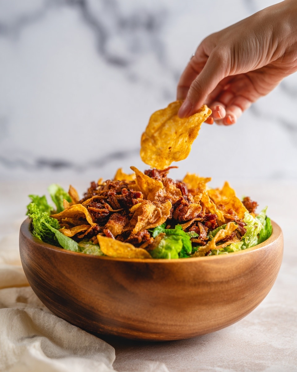 A close-up of a wooden bowl filled with layers of food, starting with fresh green lettuce at the bottom, then topped with thin, crispy, golden-brown chips and darker, rough-textured meat pieces scattered among the chips. A woman's hand is holding a large, crispy chip above the bowl. The background shows a soft, white marbled texture. Photo taken with an iphone --ar 4:5 --v 7