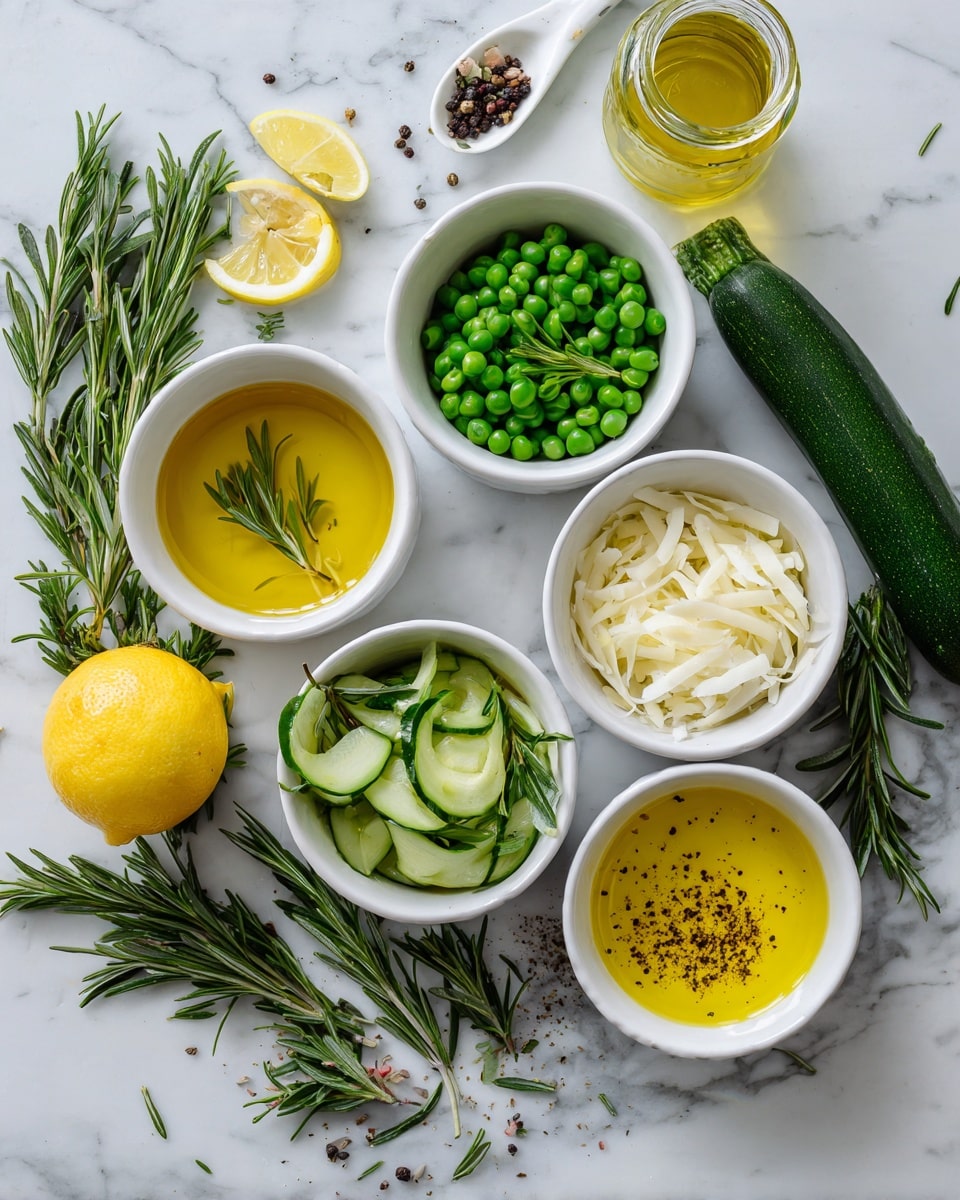 The image shows a white marbled surface with six small white bowls arranged in a loose circle, each containing different ingredients: one bowl has golden yellow oil with a sprig of green rosemary, another is filled with bright green chopped snap peas, a third bowl holds shaved white cheese topped with rosemary, the fourth contains a similar golden oil with a rosemary sprig, the fifth has a mixture of yellow oil with black pepper sprinkled on top, and the last shows thin round slices of green cucumber. Around the bowls are several fresh rosemary sprigs, a whole dark green zucchini on the right side, a half lemon with visible segments and a whole lemon beside it near the bottom left, resting on a white spoon, and a small glass jar with light yellow oil near the top center. Photo taken with an iphone --ar 4:5 --v 7