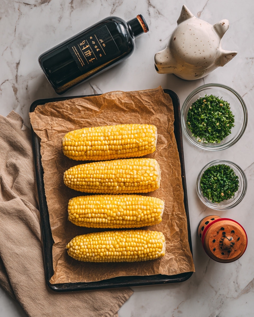 The image shows four pieces of yellow corn on the cob placed in a vertical row on a sheet of brown parchment paper on a black baking tray. To the left of the tray, there is a black bottle with a label sitting on a beige cloth. To the right of the tray, there is a small white ceramic container shaped like a cow, a small glass bowl filled with chopped green herbs, a red-lid jar of seasoning, and a wooden pepper grinder with a black top and a spotted middle. The surface underneath everything is a white marbled texture. Photo taken with an iphone --ar 4:5 --v 7