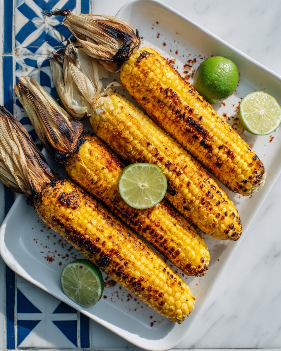The image shows five grilled corn cobs placed on a rectangular white plate with a few scattered chili flakes on the plate. Each corn cob has a dark brown char on the bright yellow and pale kernels from grilling, giving them a rough texture. The corns still have their dried stalk stems attached on one side, adding a rustic feel. Two halves of a fresh lime with a smooth, juicy, light green interior sit between and slightly overlapping the corn cobs. The plate rests on a white marbled surface with blue tiles visible to the top and left edges of the frame. The overall scene is bright and colorful. photo taken with an iphone --ar 4:5 --v 7