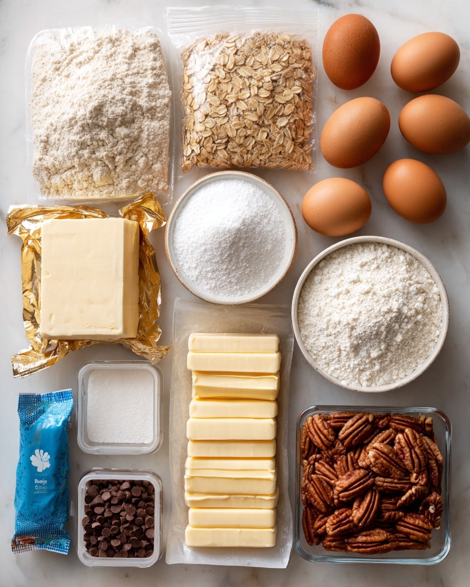 The image shows multiple baking ingredients arranged on a white marbled surface. There are bags of all-purpose flour and rolled oats, a large bag of granulated sugar, a pack of light brown sugar, and several sticks of butter lined up. Three brown eggs are placed near a bottle of vanilla extract. There are containers of baking powder, ground cinnamon, and baking soda. Also present are a blue bag of sweetened shredded coconut, a golden package of semi-sweet chocolate chips, and a clear plastic container filled with pecans. The items are mostly laid flat, filling the frame with a mix of soft and crispy textures, warm beige, white, gold, and brown colors. Photo taken with an iphone --ar 4:5 --v 7