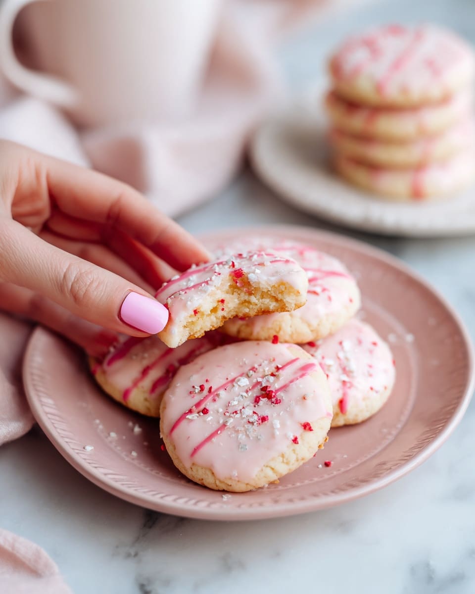 A close-up image of a pale pink plate filled with about five round, flat cookies that have a light pink glaze with red streaks and powdery sugar on top. A woman's hand with pink nail polish is lifting one cookie, showing small bits of red and yellow inside. In the background, there is a white round plate with more cookies stacked on it. The surface beneath is a white marbled texture, and there is a white cloth nearby. The overall look is soft and pastel-toned. photo taken with an iphone --ar 4:5 --v 7