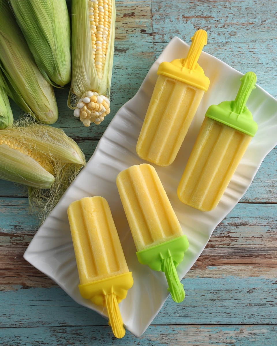The image shows four yellow ice pops arranged on a shiny white rectangular plate with a wavy texture. Each ice pop is in a mold, three of which have green handles shaped like leaves, and one has a yellow ribbed handle. The ice pops look smooth and solid with a bright yellow color. To the top left of the plate, there are two ears of corn, one fully wrapped with green husks and silk, and the other partially peeled revealing pale yellow kernels. The scene is set on a worn wooden surface with faded blue and brown paint. photo taken with an iphone --ar 4:5 --v 7