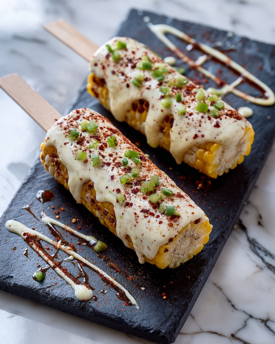 Two pieces of corn on the cob on wooden sticks are placed on a dark stone plate. Each cob is covered with a creamy white sauce, sprinkled with red spices, and topped with small green onion pieces. Underneath and around the corn, there are brown sauce lines neatly drawn in parallel. The plate rests on a white marbled surface with some decorative swirls showing. Photo taken with an iphone --ar 4:5 --v 7