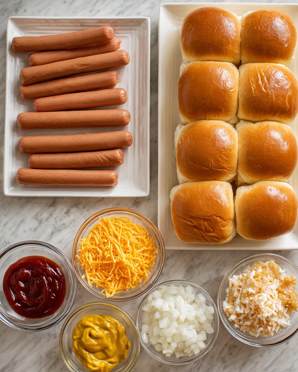 The image shows a white rectangular plate on the left holding eight plain brown hot dogs arranged neatly. To the right of the hot dogs, there are two packs of soft, shiny, golden-brown dinner rolls arranged in rows of nine. Above these, there are six small clear glass bowls in a row, each filled with different condiments: dark red ketchup, bright yellow mustard, pale sauerkraut, orange shredded cheese, chunky orange condiment, and small chopped white onions. Everything is on a white marbled surface, and the lighting highlights the freshness and color contrast of the items. photo taken with an iphone --ar 4:5 --v 7