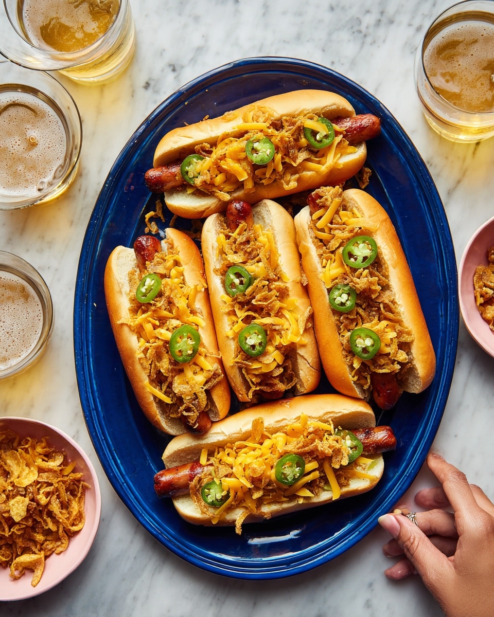Five hot dogs are placed on a blue oval plate, each inside a golden brown bun. The buns hold grilled sausages topped with shredded orange cheddar cheese, crisp light brown fried onions, and slices of bright green jalapeño peppers. The plate sits on a white marbled surface, with two glasses of light beer nearby and small pink bowls filled with extra cheddar cheese and fried onions. A woman's hand is reaching toward the setting, adding a lively touch. photo taken with an iphone --ar 4:5 --v 7