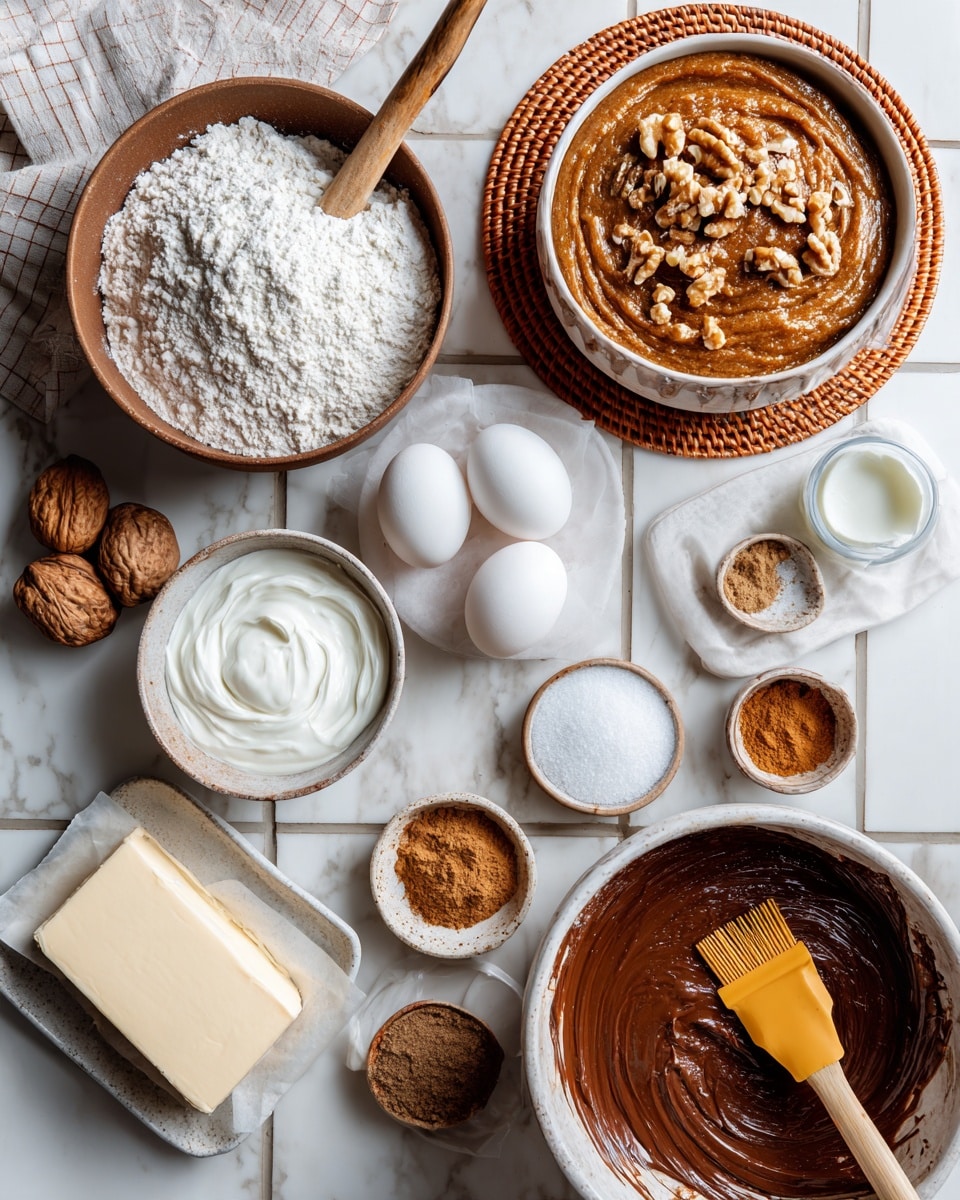 The image shows bowl containers of baking ingredients arranged on a white marbled surface with a grid pattern. There's a brown bowl filled with white flour and a wooden spoon resting inside it at the top left. To its right, there is a large bowl filled with thick brown batter, sprinkled with pieces of nuts. Below these, a small bowl with white creamy substance is placed next to two white eggs and a glass container partly visible with a light liquid. Moving to the bottom left, there is a stick of butter partly wrapped in its paper, a small plate with ground spices, and other bowls filled with ingredients like brown sugar, white sugar, salt, oil, and some powder, all displayed neatly. A bigger round bowl at the bottom right contains a chocolate batter with a yellow spatula in it, set on a braided rust-colored coaster. The scene is bright and clear, with everything placed orderly. Photo taken with an iphone --ar 4:5 --v 7