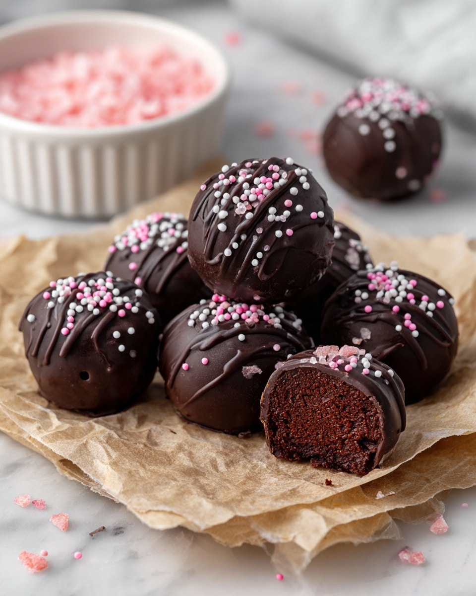 The image shows a group of round chocolate cake balls covered in dark chocolate coating and topped with small white and pink sprinkles. The cake balls are placed on crumpled light brown parchment paper, with one cake ball on top revealing a moist, dense chocolate inside with a bite taken out of it. In the background, there is a white bowl filled with pink salt or sprinkles, slightly out of focus. The overall setting is on a white marbled surface. photo taken with an iphone --ar 4:5 --v 7