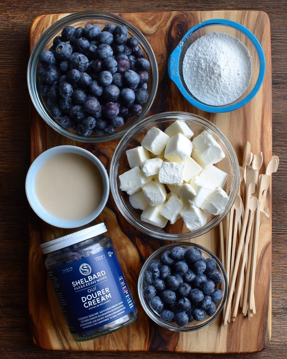 The image shows several clear glass bowls and a blue jar arranged on a wooden surface with a blue ice pop mold on the left and four wooden sticks on the right. The bowls contain different ingredients: one bowl is full of dark blue blueberries, another bowl is filled with white sugar, another has small white cubes resembling butter, and two smaller bowls hold a white liquid and a light brown liquid against the natural wood background. The blue jar labeled