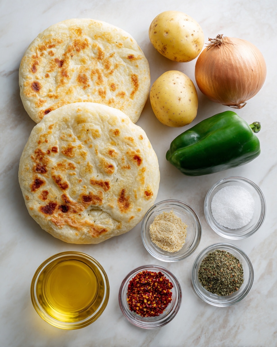 The image shows ingredients on a white marbled surface, including two round baked flatbreads with a golden-brown crust, positioned on the left. Above them, there are four small yellow potatoes with a smooth texture. To the right of the potatoes, there is a whole brown onion with a dry papery skin, and below it a whole green bell pepper with a shiny surface. In the bottom left corner, there is a package of beef hot dogs with six visible sausages inside clear plastic. Near the center bottom, a glass bowl holds golden olive oil. On the right, four small glass bowls hold spices: dried oregano, red chili flakes, salt, and black pepper. photo taken with an iphone --ar 4:5 --v 7