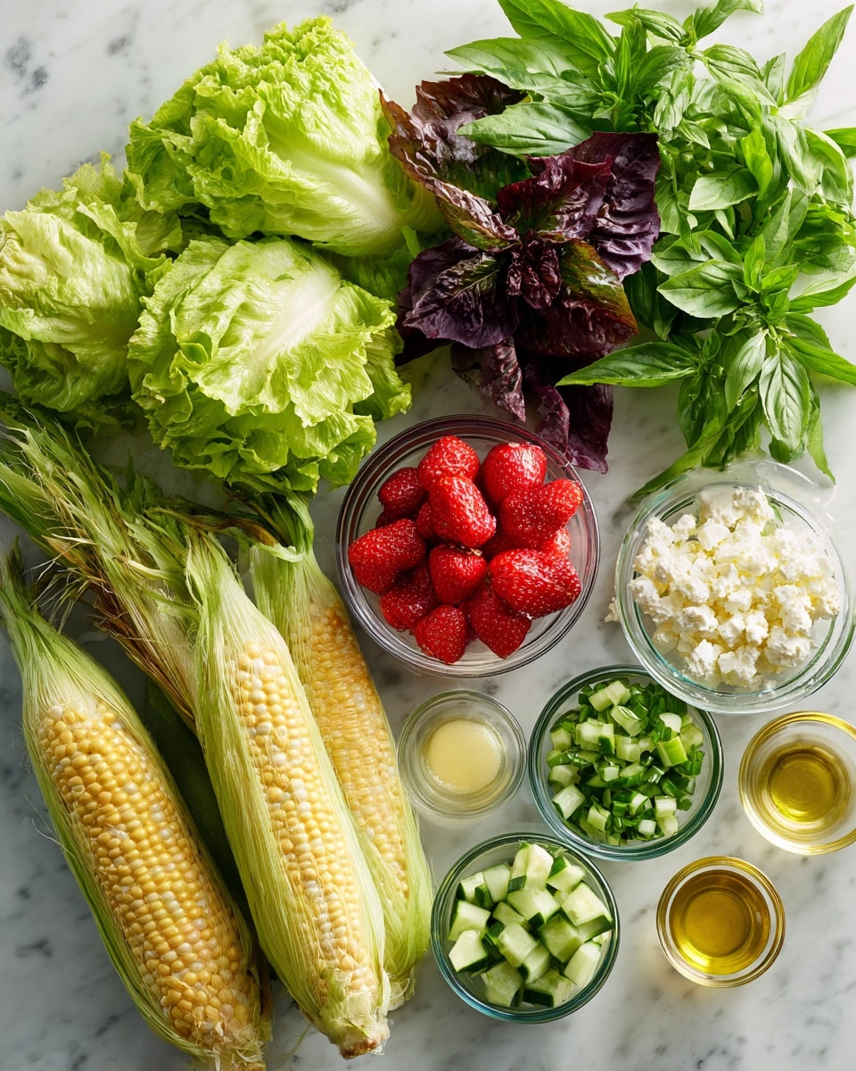 The image shows fresh ingredients arranged neatly on a white marbled surface. There are three ears of yellow corn with pale green husks at the bottom left. Above the corn are two lettuce heads: one bright green and one with dark green and purple leaves. To the right of the lettuces are several glass bowls containing different items: bright red strawberries filling one bowl, small pale white crumbles in another, and chopped light green cucumbers in the last bowl. Nearby are fresh green herbs, including bunches of mint, basil, and green onions with white bulbs. Scattered around the herbs are small glass containers filled with light golden oils or dressings, and one tiny bowl holding a dollop of pale mustard. photo taken with an iphone --ar 4:5 --v 7