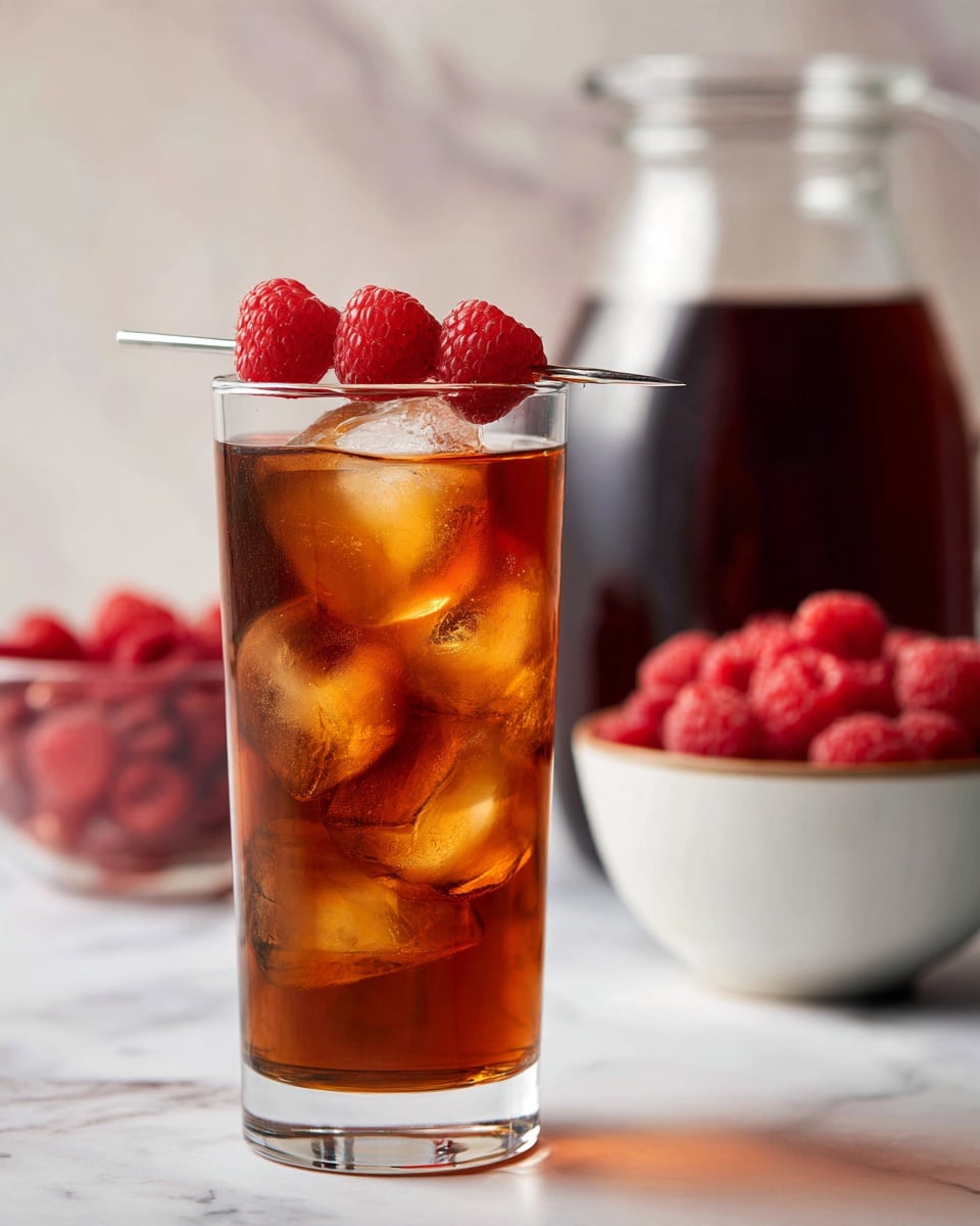 A tall clear glass filled with dark amber iced tea and many ice cubes, topped with three bright red raspberries on a metal skewer placed horizontally across the rim; in the background, there is a blurred large glass jar with dark red liquid and a bowl filled with fresh raspberries on a white marbled surface. photo taken with an iphone --ar 4:5 --v 7