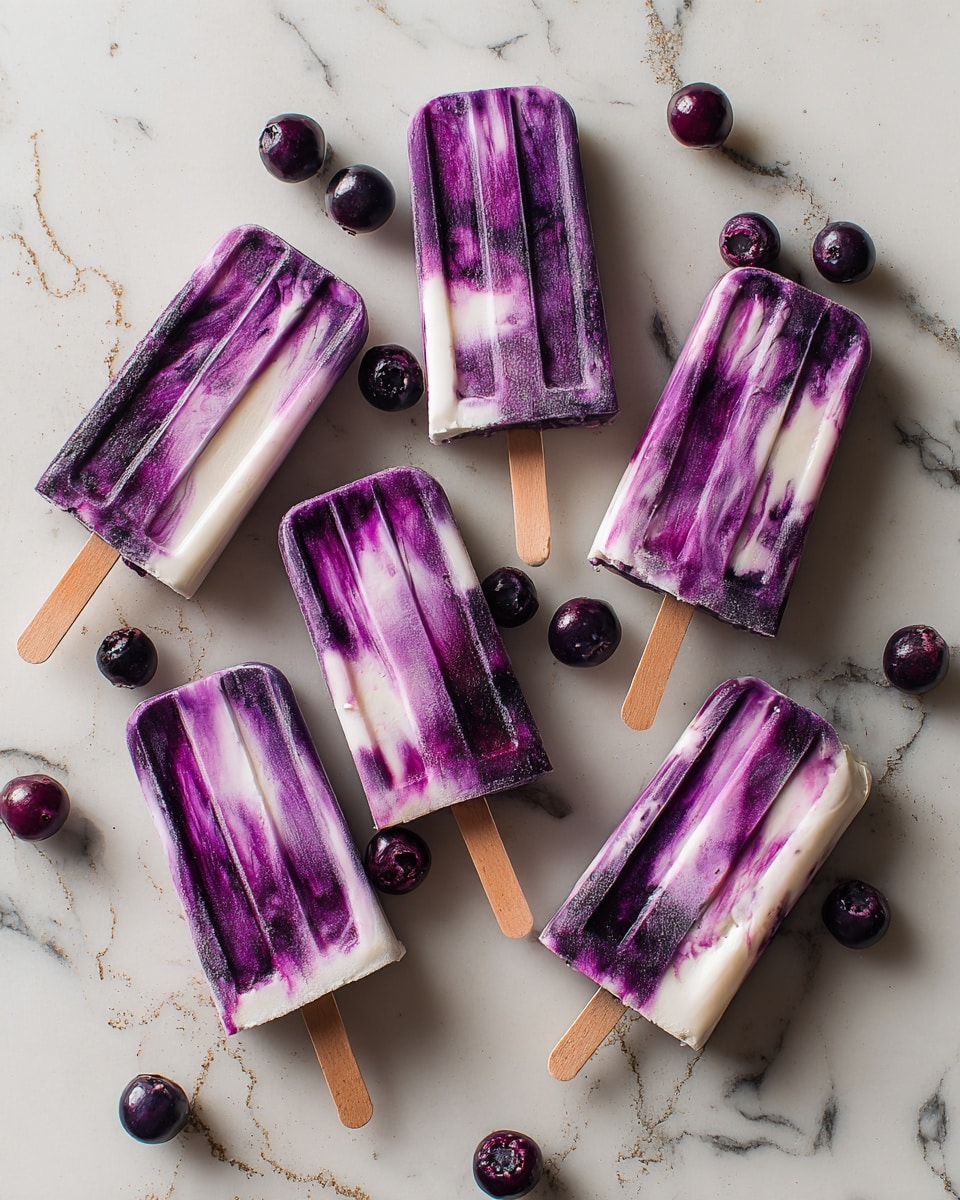 The image shows eight purple and white swirled popsicles arranged on a white marbled surface. Each popsicle has a wooden stick at the bottom and the purple shades vary from dark to light, mixed with creamy white streaks, creating a marbled effect. Around the popsicles, there are small dark purple berries scattered, some whole and some slightly crushed, adding texture and contrast to the scene. The surface underneath has light cracks and subtle lines, enhancing the natural and fresh look of the popsicles. photo taken with an iphone --ar 4:5 --v 7