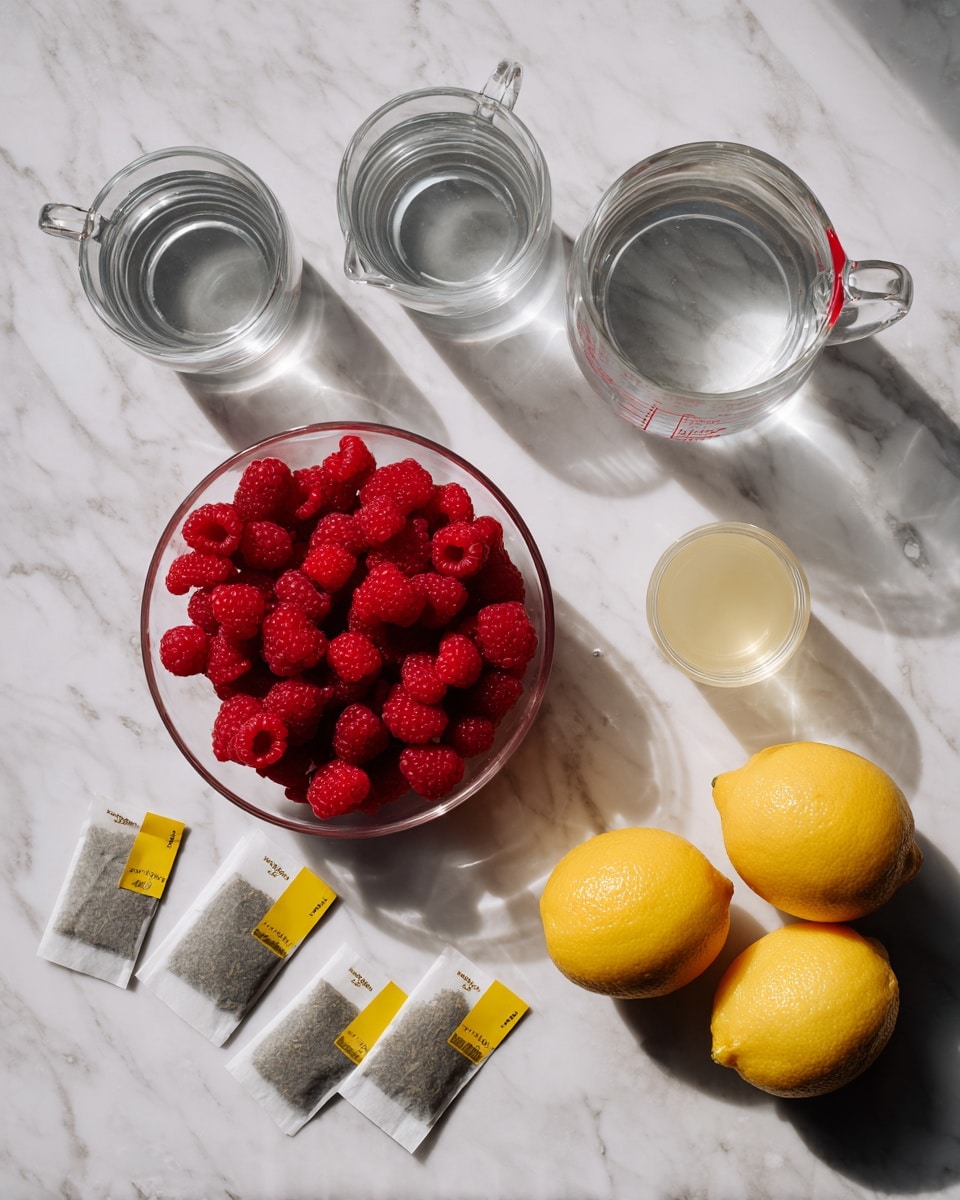The image shows a top view of ingredients placed on a white marbled surface. There are two clear glass measuring cups filled with water positioned to the left, one above the other. To the right of them, there is a clear glass bowl filled with bright red raspberries. Below the bowl of raspberries are five tea bags laid out flat with yellow tags attached. Next to the tea bags, on the right side, there is a small clear measuring cup with a pale yellow liquid inside. Finally, two whole yellow lemons are placed to the far right on the white marbled surface. The lighting gives soft shadows under each item. photo taken with an iphone --ar 4:5 --v 7