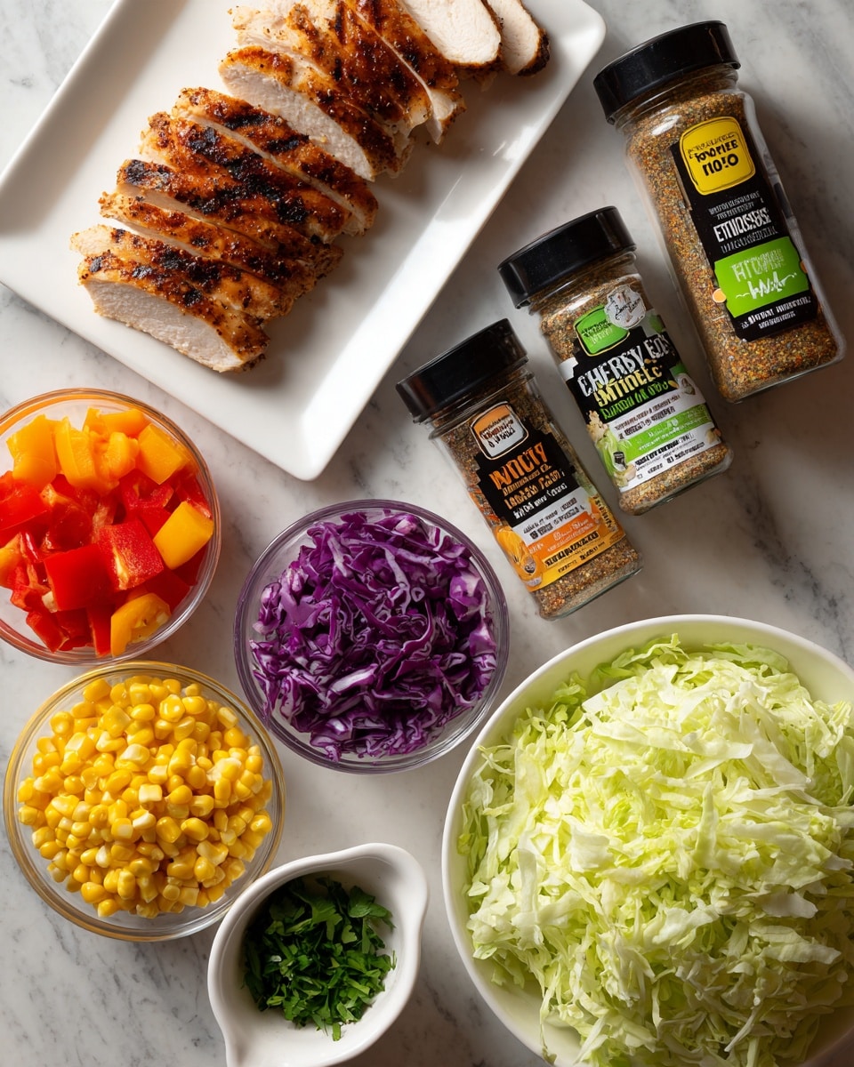 The image shows a white square plate with several slices of grilled brown chicken placed horizontally near the top left. Below it, there are small clear glass bowls containing chopped orange bell peppers, halved cherry red tomatoes, yellow corn kernels, and shredded purple cabbage. To the right, two seasoning jars with black lids sit — one labeled