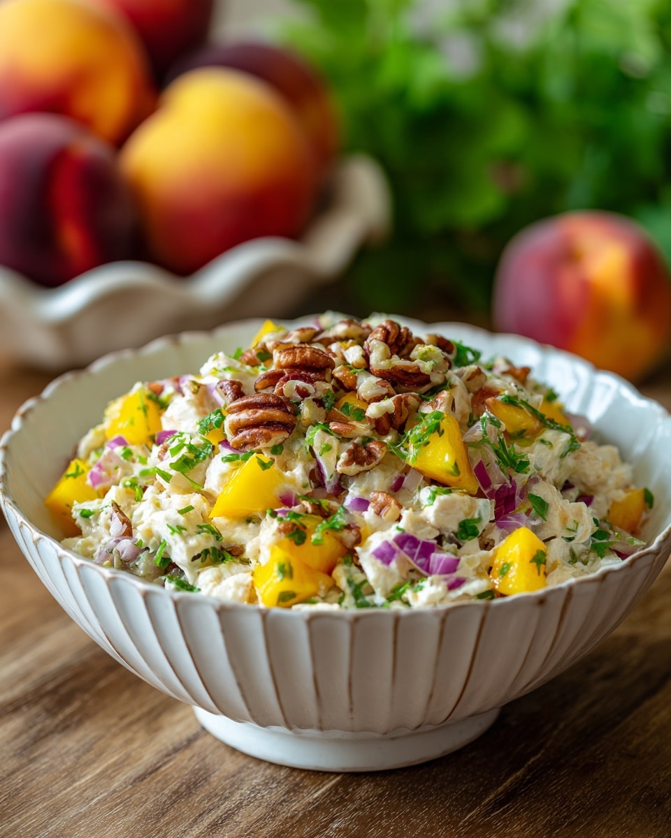 A white scalloped bowl filled with a colorful layered salad. The bottom layer is light-colored diced chicken pieces, topped with small bright yellow and red chunks of peaches. Over the peaches, there are finely chopped bits of purple onion and green herbs, and the top layer is a generous sprinkling of brown pecan nuts. The bowl sits on a wooden surface with a blurred background showing a white scalloped bowl with red and yellow nectarines and some green leaves. photo taken with an iphone --ar 4:5 --v 7