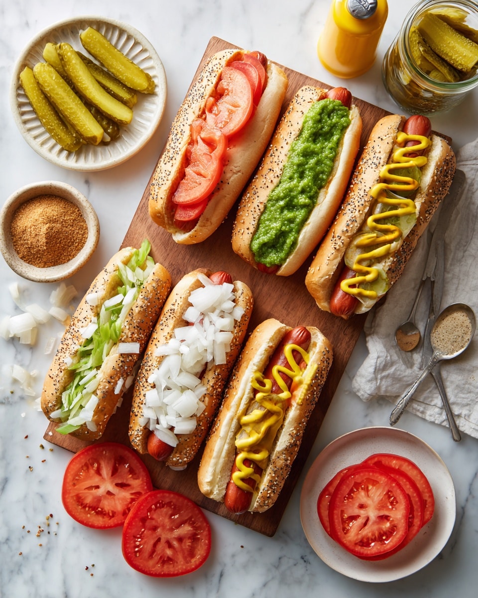 The image shows a wooden board on a white marbled surface with six hot dogs arranged in a casual manner. Each hot dog is in a golden poppy seed bun; four are topped with layers of bright green relish, fresh tomato slices, and chopped white onions, while one hot dog has zigzag mustard lines on top. Another hot dog is plain with no visible toppings. In the center of the board, several pale yellow pickle spears are placed next to a jar of whole pickles. Around the board, there are a small white bowl with brown mustard powder, white plate with sliced pickles, an orange bowl filled with chopped onions and a silver spoon, a yellow mustard squeeze bottle, and a green glass bottle. Two bright red tomato wedges lie near the bottom edge of the board. Photo taken with an iphone --ar 4:5 --v 7