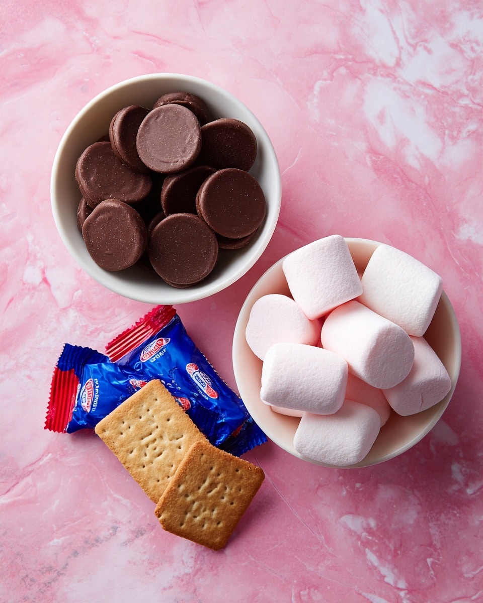 Two small white bowls sit on a pink background with a white marbled texture. One bowl is filled with round, dark brown chocolate discs that have a smooth, shiny texture. The other bowl holds large, soft marshmallows in white and pale pink colors, stacked loosely. Below the bowls, there are two blue and red snack wrappers lying flat with golden digestive biscuits placed beside them. The overall scene is simple and colorful, emphasizing the snack items photo taken with an iphone --ar 4:5 --v 7