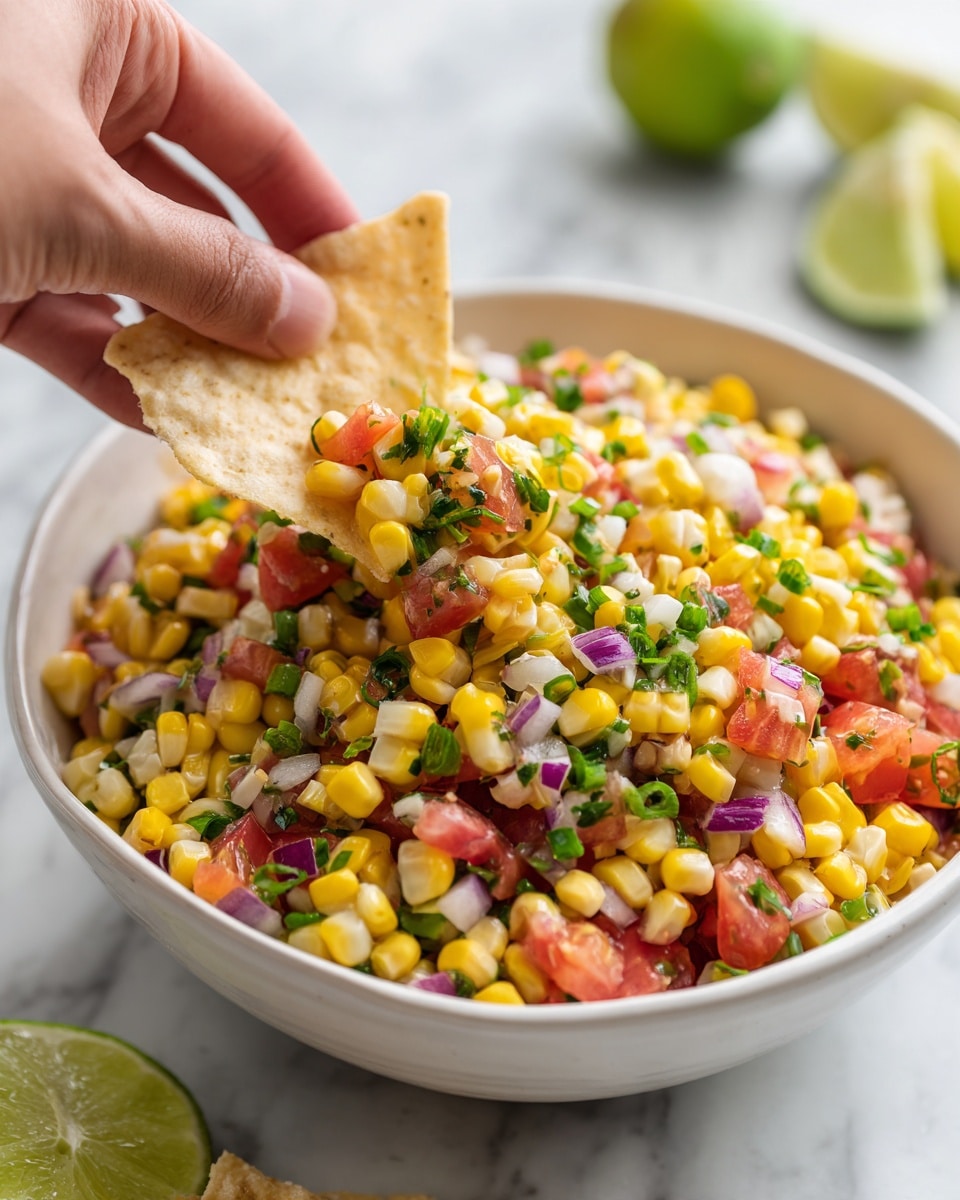 A white bowl filled with a colorful corn salad that has three main layers: the base is bright yellow corn kernels, the middle layer shows diced red tomatoes adding a rich texture, and the top layer contains chopped green onions and small bits of red onion sprinkled throughout for extra color and crunch. A woman's hand is holding a white triangular tortilla chip dipped into the salad, with some corn, tomato, and onion resting on it. The bowl sits on a white marbled surface with a couple of lime slices nearby, adding a fresh touch. photo taken with an iphone --ar 4:5 --v 7