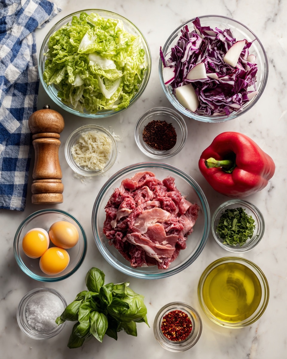 The image shows a top view of many ingredients neatly arranged on a white marbled surface. There is one large clear bowl filled with light green chopped lettuce on the bottom left, and a similar bowl above it with pink slices of raw meat. Another clear bowl at the top center contains red and white leafy radicchio. To the right of the radicchio is a whole red bell pepper and some fresh green basil leaves. On the left of the meat bowl are two raw eggs in a clear bowl. Surrounding these main bowls are smaller clear bowls or glass cups holding various ingredients like salt, black pepper, lime halves, red chili flakes, herbs, yellow olive oil, and several types of sauces. A wooden pepper shaker and a blue-and-white checkered towel are on the top left edge. The layout is clean and organized, with each item clearly visible. Photo taken with an iphone --ar 4:5 --v 7