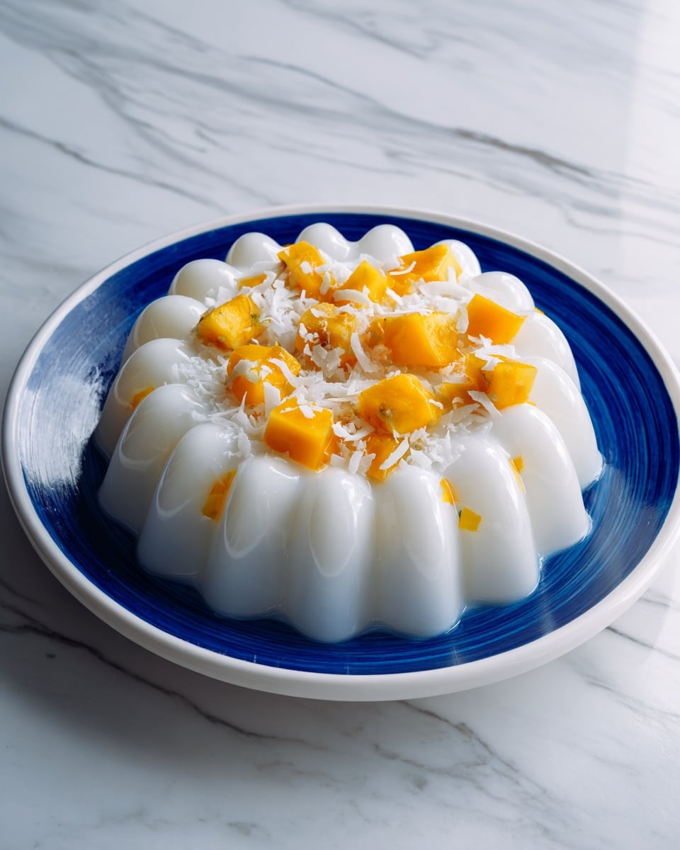 The image shows a round dessert with a smooth shiny white gelatin layer shaped into curved sections forming a ring, each section containing small bits of orange fruit. The center is filled with diced yellow mango pieces topped with white coconut flakes. This dessert is placed on a white plate with a deep blue rim, and the background is a white marbled texture. Photo taken with an iphone --ar 4:5 --v 7