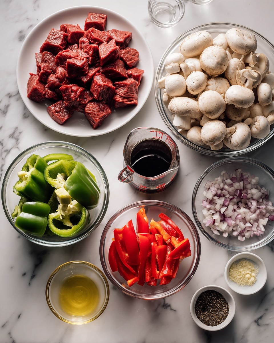 The image shows several clear glass bowls and one white plate arranged on a white marbled surface. On the white plate at the top left are chunky pieces of raw red meat. To the top right is a large clear bowl filled with whole white mushrooms. Below the mushrooms is a small clear bowl with sliced red bell peppers. In the bottom left is a clear bowl filled with large pieces of green bell pepper. Near the center and slightly left, a clear bowl holds chopped red onion. In the center is a glass measuring cup with dark liquid, and behind it is another measuring cup with a clear liquid. Small bowls are also arranged in front of the measuring cups; one has minced garlic, one has salt, one holds a yellow liquid that looks like oil, one has black pepper, and a smaller one holds a dark sauce. Photo taken with an iphone --ar 4:5 --v 7