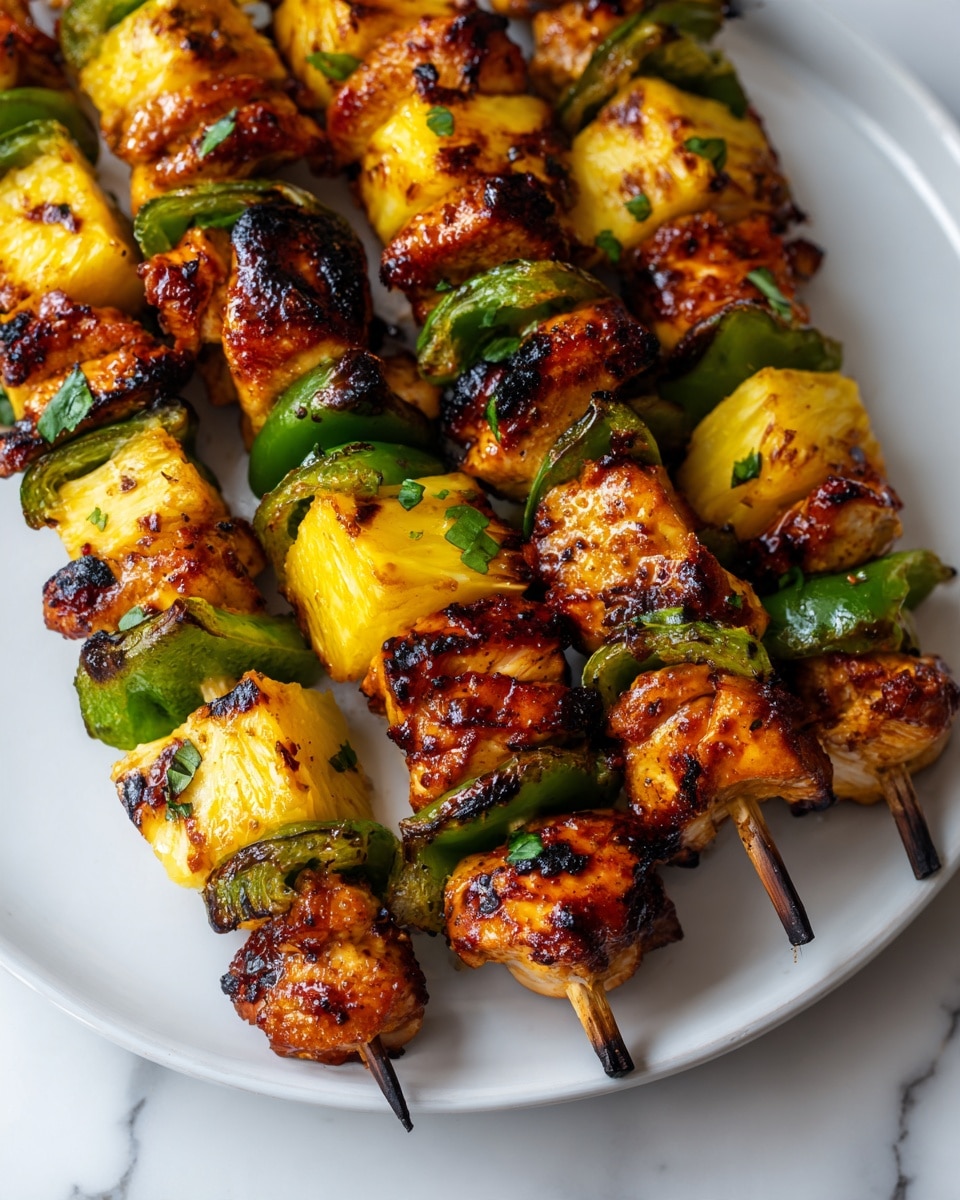 The image shows several skewers filled with grilled pieces of golden-brown chicken, bright yellow pineapple chunks, and vibrant green bell pepper slices. Each skewer has multiple layers, alternating between the juicy chicken, the slightly charred pineapple, and the fresh bell pepper, creating a colorful pattern. The food shines with a light glaze that looks slightly sticky, and the pieces show grill marks and slight browning around the edges. These skewers are placed closely together on a white plate, which rests on a white marbled surface. Photo taken with an iphone --ar 4:5 --v 7