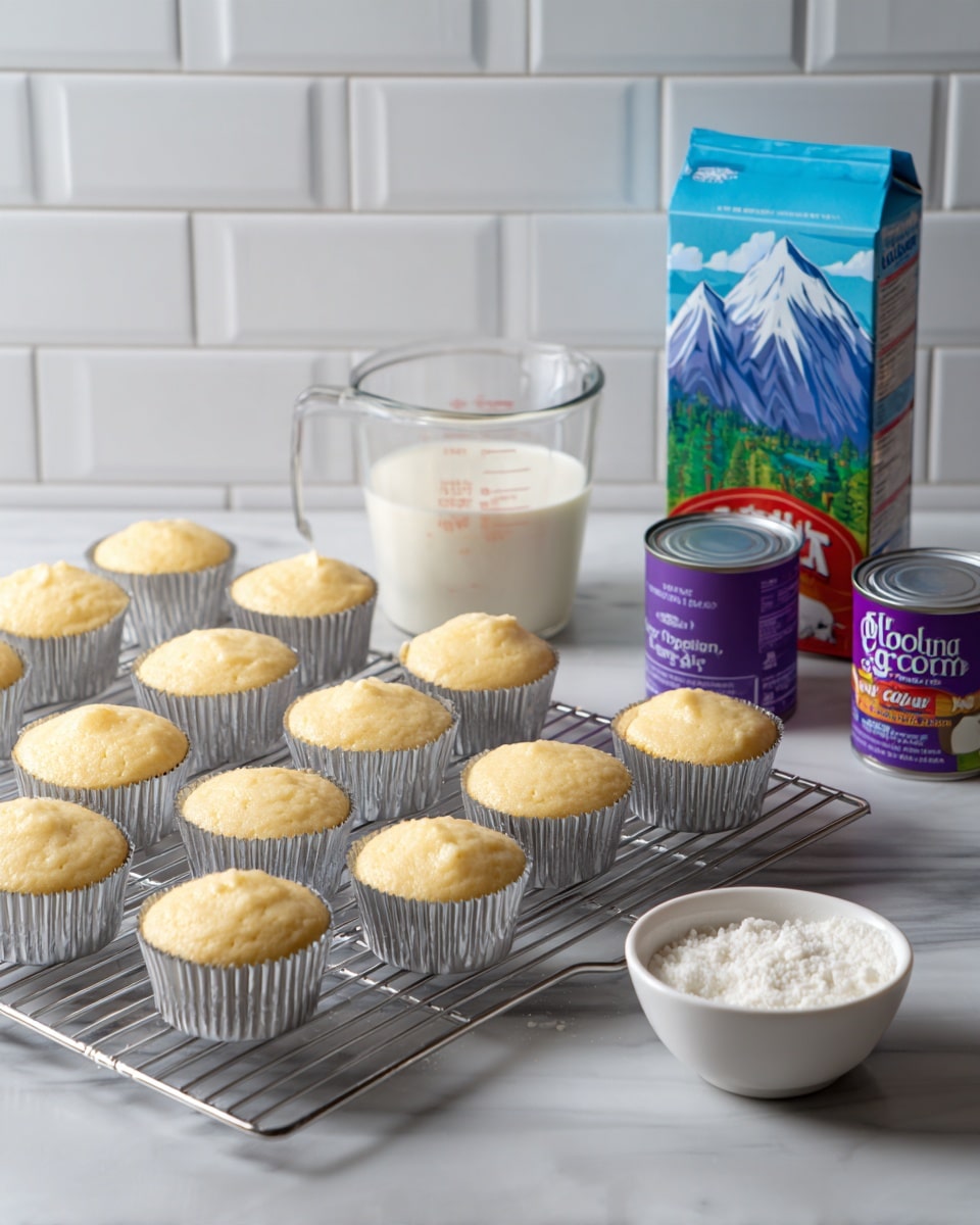 The image shows a white marbled surface with a metal cooling rack on the left holding 12 light yellow cupcakes in silver liners arranged in three rows of four. To the right of the cupcakes, there is a clear measuring cup filled with a white liquid behind a small white ceramic bowl containing white powder. On the right side, there are three containers: a tall carton of heavy whipping cream with colorful mountain and cow graphics, a can of sweetened condensed milk with a red and white label, and a purple can of unsweetened coconut cream. The background features white subway tiles. Photo taken with an iphone --ar 4:5 --v 7