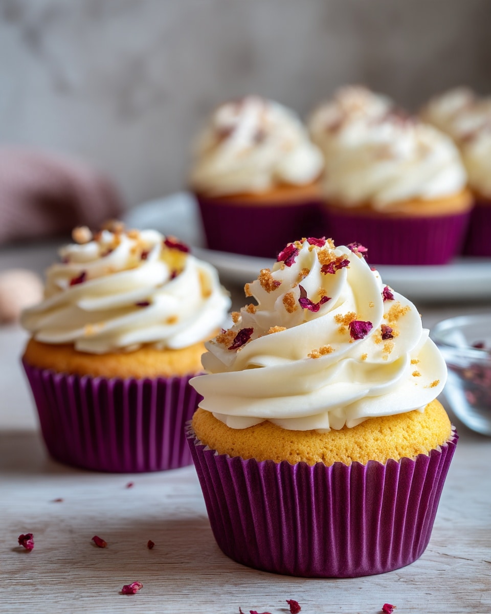 The image shows two cupcakes in purple paper cups sitting on a wooden table. Each cupcake has one thick, golden-yellow cake layer topped with a tall swirl of white frosting. The frosting is decorated with small red berry pieces and light brown crumbs scattered on top. In the background, there is a white plate with more cupcakes, blurred out. Next to the plate, a small clear glass bowl is visible. The surface is a white marbled texture. Photo taken with an iphone --ar 4:5 --v 7