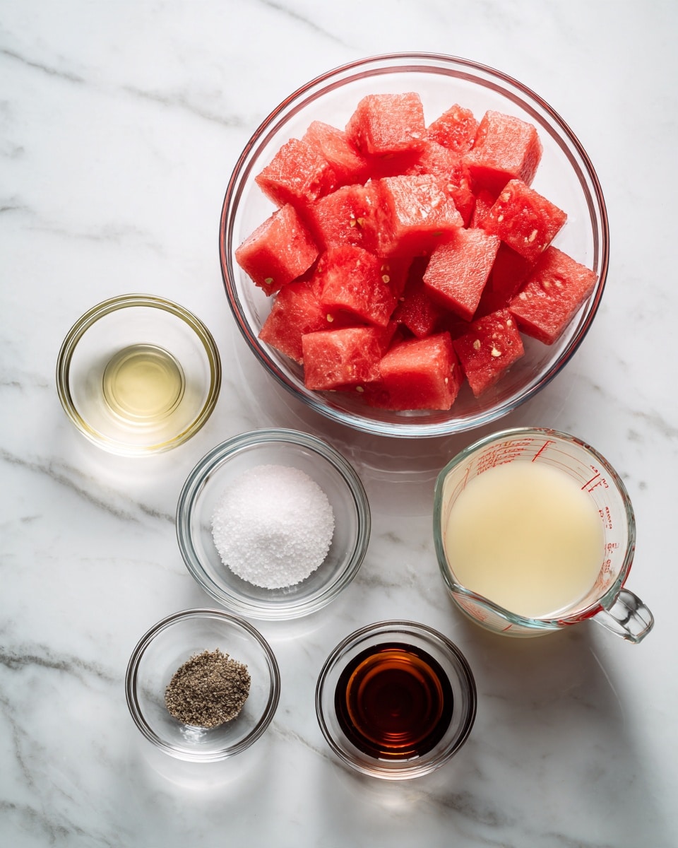 The image shows five small clear glass bowls and a large clear glass bowl on a white marbled surface. The large bowl in the center is full of bright red watermelon cubes, some with visible seeds. To the right of the large bowl is a clear glass measuring cup filled with a thick, pale yellow liquid. Surrounding the large bowl on the left side are four small, round glass bowls: the top one contains a light yellow liquid, the one below it holds a white powder, the next one has coarse white salt, and the bottom bowl contains a dark brown liquid. The setup is neat and evenly spaced. Photo taken with an iphone --ar 4:5 --v 7