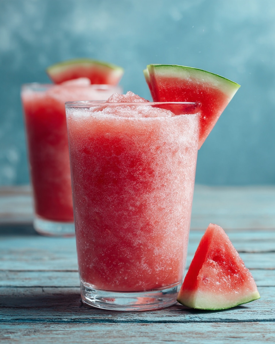 A clear glass filled with a thick, light pink watermelon smoothie that has a slightly icy texture, almost to the top of the glass, with a small triangular slice of watermelon that has green rind and red flesh placed inside the glass on the rim. Next to the glass on the surface is another small triangular watermelon slice with white marbled texture background replacing the wooden surface. photo taken with an iphone --ar 4:5 --v 7