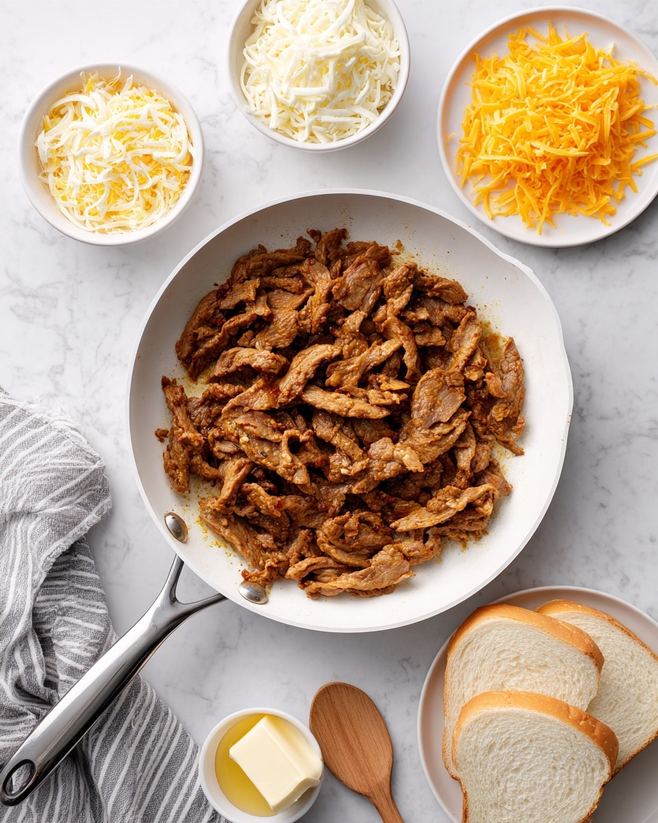 The image shows a white pan with a metal handle containing cooked, browned strips of meat spread unevenly inside. Around the pan, there are several items on a white marbled surface: on the top left, a small white bowl filled with shredded white cheese, below it a small white bowl filled with shredded orange cheese, to the top right, a white plate with two slices of light brown bread, near it a small white dish with a pat of light yellow butter, and on the bottom right corner, a wooden spoon lies diagonally. A gray and white striped cloth is partially visible on the left side. Photo taken with an iphone --ar 4:5 --v 7