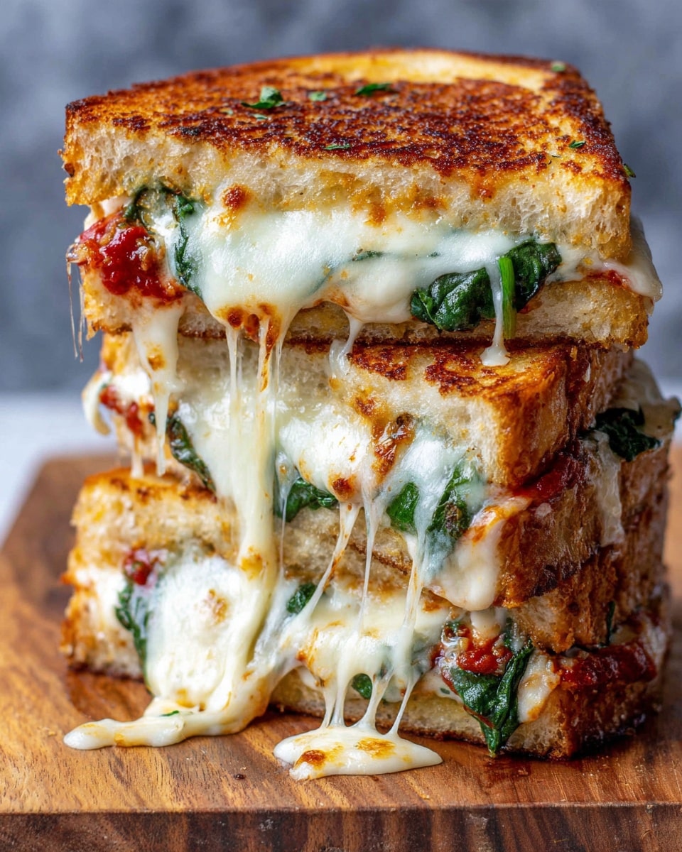 The image shows a thick grilled sandwich on a wooden board with a white marbled background. The sandwich has three layers of toasted golden-brown bread with melted, bubbly white cheese on top and between each layer. Inside, there are visible red tomato sauce and green spinach leaves, along with stringy melted cheese oozing out from the sides. The top bread layer has small browned spots from grilling, and the whole sandwich looks rich and cheesy, with a slightly crispy crust. Photo taken with an iphone --ar 4:5 --v 7