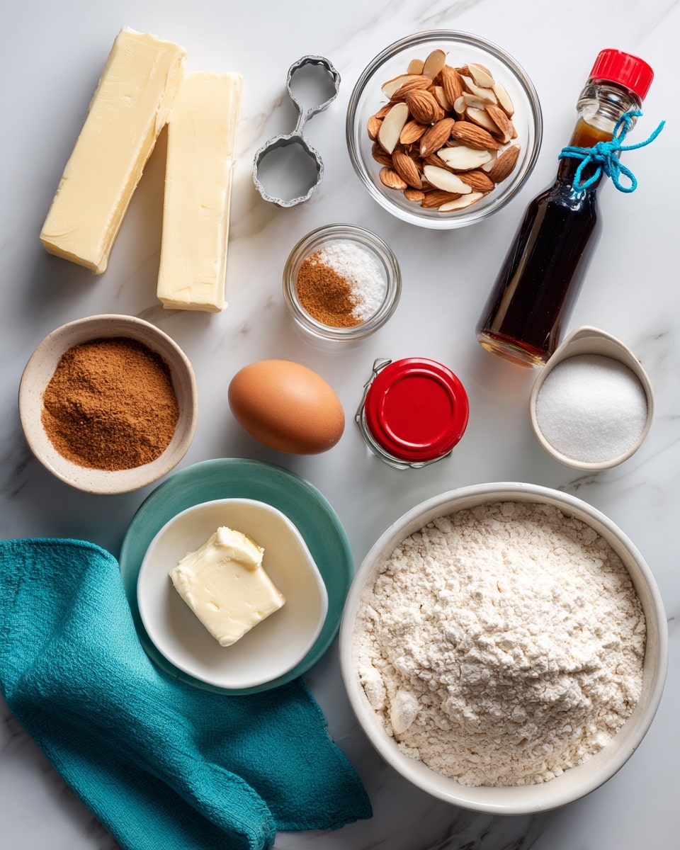 The image shows baking ingredients laid out neatly on a white marbled surface, including two sticks of butter, a small glass bowl with sliced almonds, a salt shaker, a bottle of homemade vanilla extract with a black lid and a blue string, a small container of cream of tartar, a red-capped jar of ground cinnamon, a single brown egg, a bowl of light brown sugar, a large white bowl filled with flour, and a smaller white bowl of sugar, with a turquoise cloth placed near the bottom left corner, and a metal circular cutter near the top left corner photo taken with an iphone --ar 4:5 --v 7