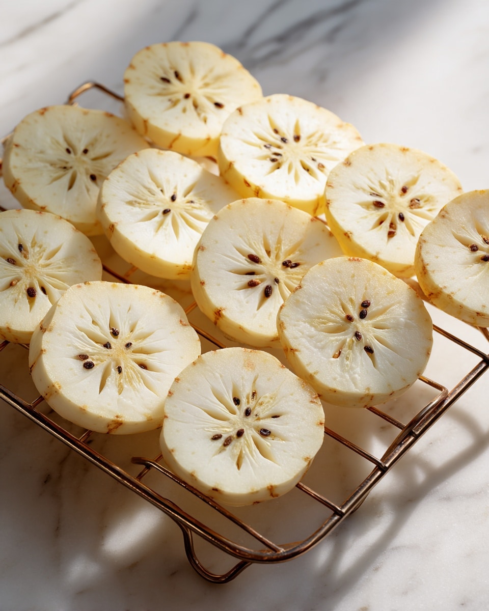 The image shows a metal rack holding 20 round slices of a pale yellow root vegetable, arranged in four rows and five columns. Each slice has small darker brown spots and several seed shapes visible inside, forming a floral pattern. The rack is set on a white marbled surface that adds subtle texture to the background. The scene is bright and clean, highlighting the natural color and details of each slice photo taken with an iphone --ar 4:5 --v 7